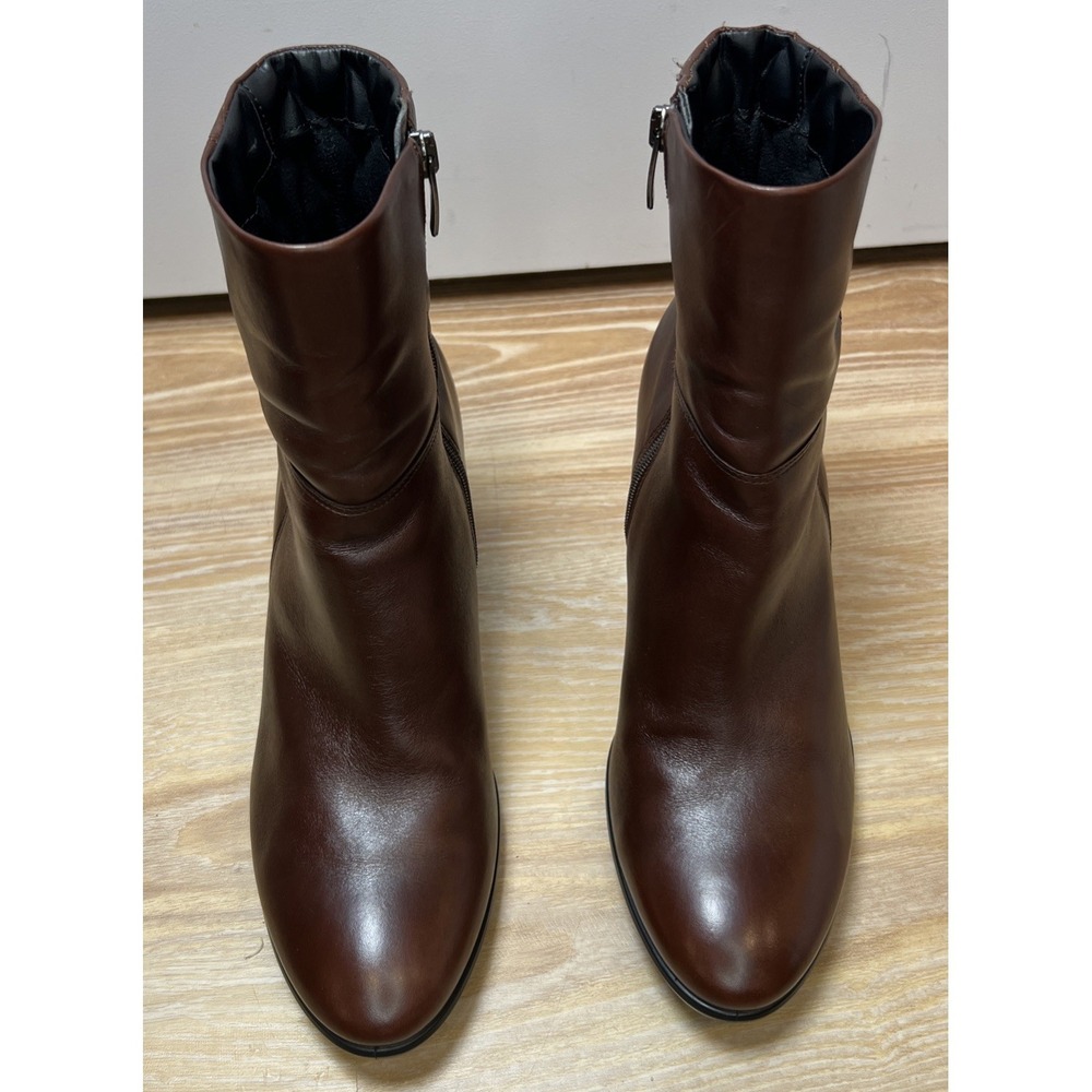 ECCO Brown Leather Block Heel Ankle Boots EU 41 US 10 Quilted Collar Zip Comfort - Picture 5 of 13
